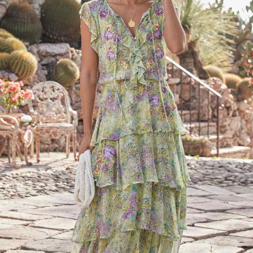 Sundance Floral Special Occasion Embroidered Chiffon Edith Derby Maxi Dress Sz M